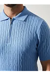 Erkek Yazlık Triko Saç Örgü Tişört Kısa Kol Polo Yaka Fermuarlı T-shirt - Bebe Mavisi