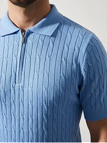 Erkek Yazlık Triko Saç Örgü Tişört Kısa Kol Polo Yaka Fermuarlı T-shirt - Bebe Mavisi
