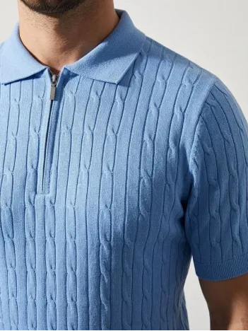 Erkek Yazlık Triko Saç Örgü Tişört Kısa Kol Polo Yaka Fermuarlı T-shirt - Bebe Mavisi