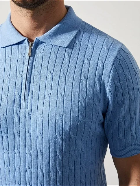 Erkek Yazlık Triko Saç Örgü Tişört Kısa Kol Polo Yaka Fermuarlı T-shirt - Bebe Mavisi