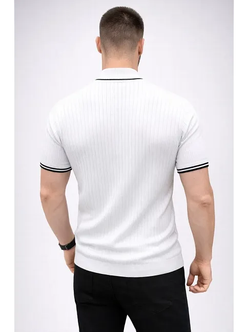 Erkek Fitilli Triko Dokuma Kısa Kol Tişört Yarım Boğaz Modern Yazlık T-shirt - Beyaz