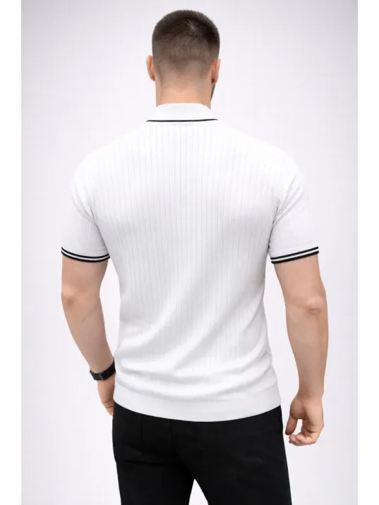 Erkek Fitilli Triko Dokuma Kısa Kol Tişört Yarım Boğaz Modern Yazlık T-shirt - Beyaz Erkek Fitilli Triko Dokuma Kısa Kol Tişört Yarım Boğaz Modern Yazlık T-shirt - Beyaz