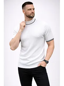 Erkek Fitilli Triko Dokuma Kısa Kol Tişört Yarım Boğaz Modern Yazlık T-shirt - Beyaz