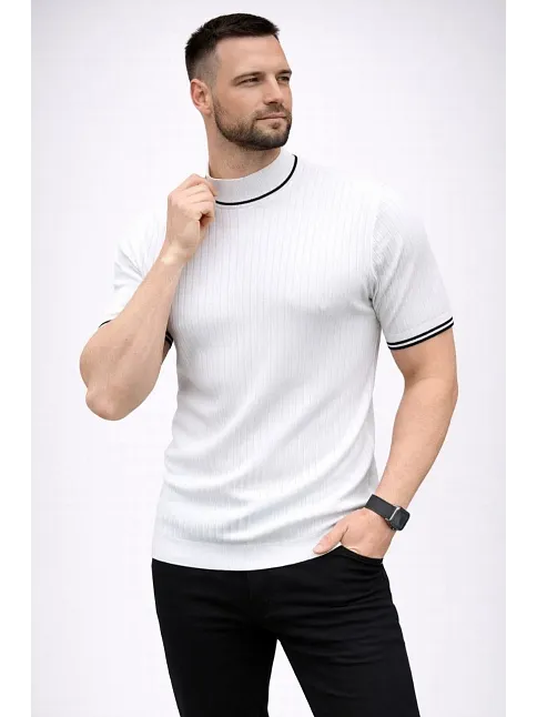 Erkek Fitilli Triko Dokuma Kısa Kol Tişört Yarım Boğaz Modern Yazlık T-shirt - Beyaz