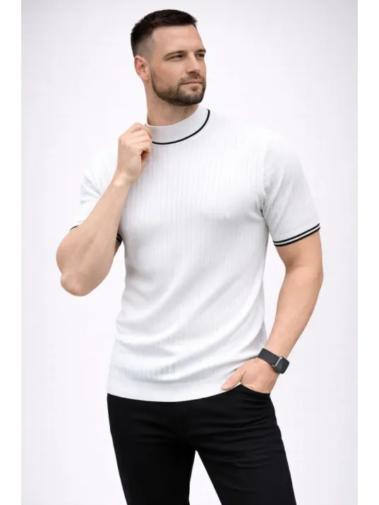 Erkek Fitilli Triko Dokuma Kısa Kol Tişört Yarım Boğaz Modern Yazlık T-shirt - Beyaz Erkek Fitilli Triko Dokuma Kısa Kol Tişört Yarım Boğaz Modern Yazlık T-shirt - Beyaz