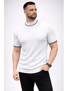 Erkek Fitilli Triko Dokuma Kısa Kol Tişört Yarım Boğaz Modern Yazlık T-shirt - Beyaz