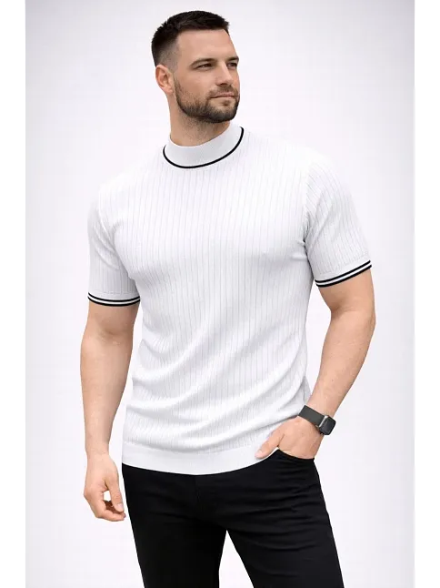 Erkek Fitilli Triko Dokuma Kısa Kol Tişört Yarım Boğaz Modern Yazlık T-shirt - Beyaz