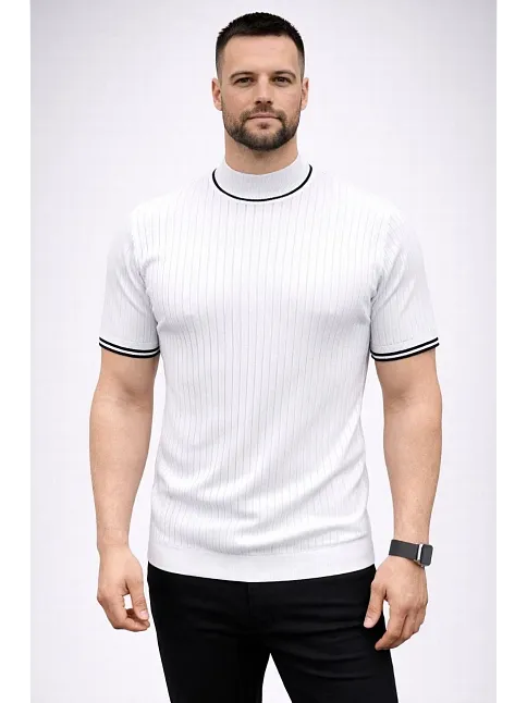Erkek Fitilli Triko Dokuma Kısa Kol Tişört Yarım Boğaz Modern Yazlık T-shirt - Beyaz