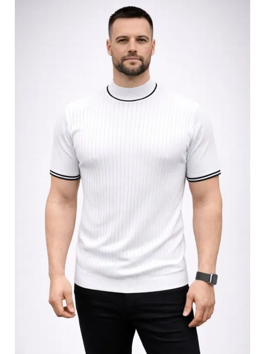 Erkek Fitilli Triko Dokuma Kısa Kol Tişört Yarım Boğaz Modern Yazlık T-shirt - Beyaz Erkek Fitilli Triko Dokuma Kısa Kol Tişört Yarım Boğaz Modern Yazlık T-shirt - Beyaz