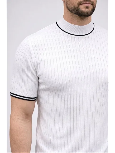 Erkek Fitilli Triko Dokuma Kısa Kol Tişört Yarım Boğaz Modern Yazlık T-shirt - Beyaz