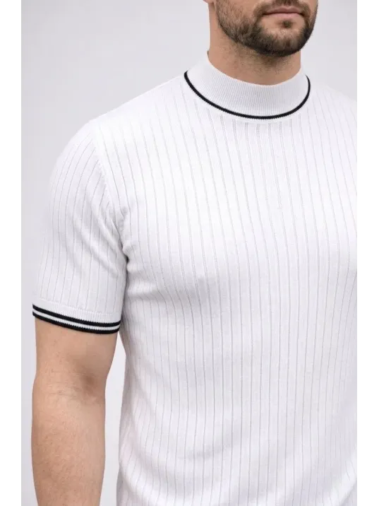 Erkek Fitilli Triko Dokuma Kısa Kol Tişört Yarım Boğaz Modern Yazlık T-shirt - Beyaz Erkek Fitilli Triko Dokuma Kısa Kol Tişört Yarım Boğaz Modern Yazlık T-shirt - Beyaz