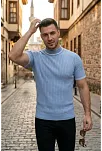 Erkek Fitilli Triko Dokuma Kısa Kol Tişört Yarım Boğaz Modern Yazlık T-shirt - Bebe Mavisi