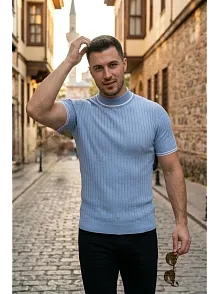 Erkek Fitilli Triko Dokuma Kısa Kol Tişört Yarım Boğaz Modern Yazlık T-shirt - Bebe Mavisi