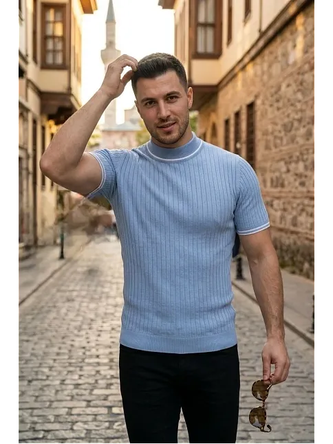 Erkek Fitilli Triko Dokuma Kısa Kol Tişört Yarım Boğaz Modern Yazlık T-shirt - Bebe Mavisi
