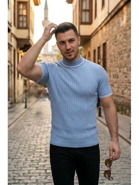 Erkek Fitilli Triko Dokuma Kısa Kol Tişört Yarım Boğaz Modern Yazlık T-shirt - Bebe Mavisi Erkek Fitilli Triko Dokuma Kısa Kol Tişört Yarım Boğaz Modern Yazlık T-shirt - Bebe Mavisi