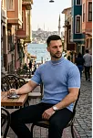 Erkek Fitilli Triko Dokuma Kısa Kol Tişört Yarım Boğaz Modern Yazlık T-shirt - Bebe Mavisi