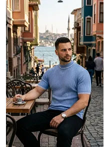 Erkek Fitilli Triko Dokuma Kısa Kol Tişört Yarım Boğaz Modern Yazlık T-shirt - Bebe Mavisi