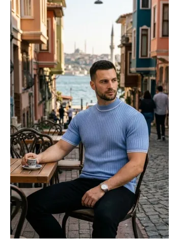 Erkek Fitilli Triko Dokuma Kısa Kol Tişört Yarım Boğaz Modern Yazlık T-shirt - Bebe Mavisi
