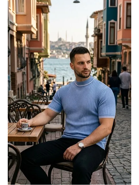 Erkek Fitilli Triko Dokuma Kısa Kol Tişört Yarım Boğaz Modern Yazlık T-shirt - Bebe Mavisi