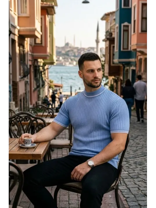 Erkek Fitilli Triko Dokuma Kısa Kol Tişört Yarım Boğaz Modern Yazlık T-shirt - Bebe Mavisi Erkek Fitilli Triko Dokuma Kısa Kol Tişört Yarım Boğaz Modern Yazlık T-shirt - Bebe Mavisi