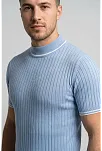 Erkek Fitilli Triko Dokuma Kısa Kol Tişört Yarım Boğaz Modern Yazlık T-shirt - Bebe Mavisi
