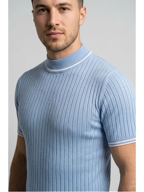 Erkek Fitilli Triko Dokuma Kısa Kol Tişört Yarım Boğaz Modern Yazlık T-shirt - Bebe Mavisi
