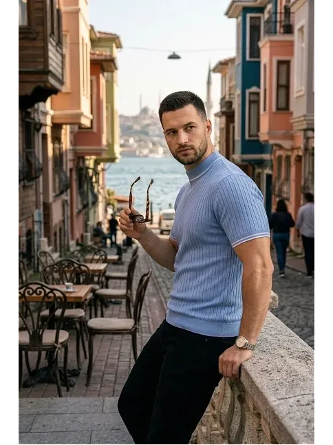 Erkek Fitilli Triko Dokuma Kısa Kol Tişört Yarım Boğaz Modern Yazlık T-shirt - Bebe Mavisi