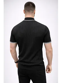 Erkek Fitilli Triko Dokuma Kısa Kol Tişört Yarım Boğaz Modern Yazlık T-shirt - Siyah