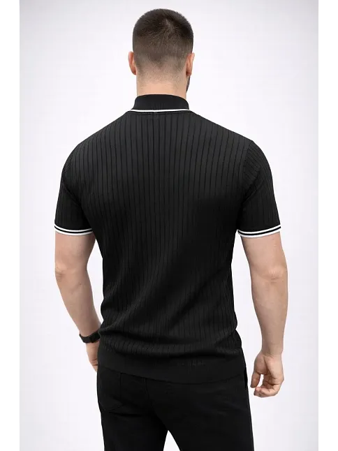 Erkek Fitilli Triko Dokuma Kısa Kol Tişört Yarım Boğaz Modern Yazlık T-shirt - Siyah
