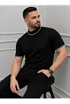 Erkek Fitilli Triko Dokuma Kısa Kol Tişört Yarım Boğaz Modern Yazlık T-shirt - Siyah