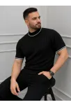 Erkek Fitilli Triko Dokuma Kısa Kol Tişört Yarım Boğaz Modern Yazlık T-shirt - Siyah