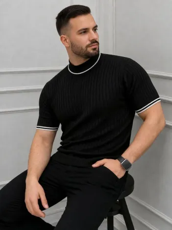Erkek Fitilli Triko Dokuma Kısa Kol Tişört Yarım Boğaz Modern Yazlık T-shirt - Siyah