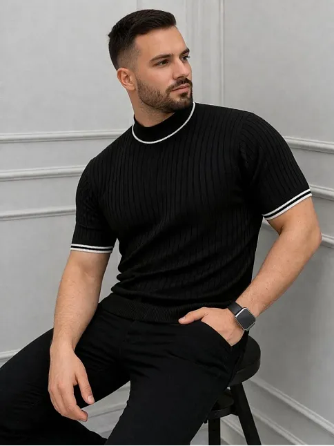 Erkek Fitilli Triko Dokuma Kısa Kol Tişört Yarım Boğaz Modern Yazlık T-shirt - Siyah