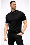 Erkek Fitilli Triko Dokuma Kısa Kol Tişört Yarım Boğaz Modern Yazlık T-shirt - Siyah
