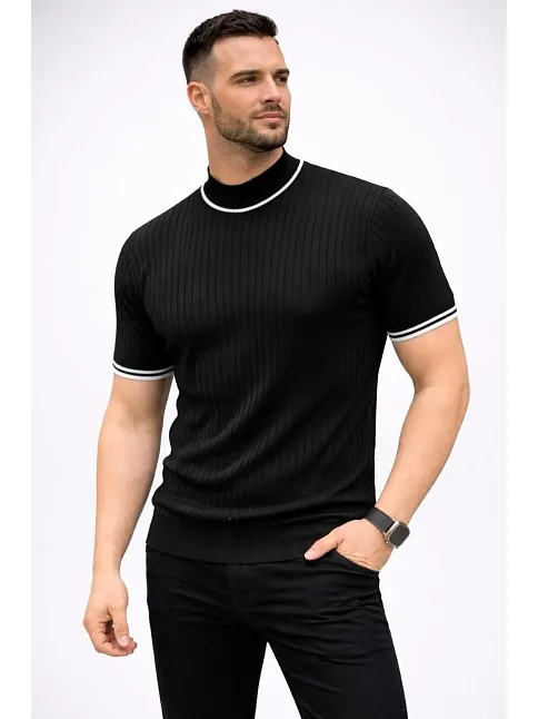 Erkek Fitilli Triko Dokuma Kısa Kol Tişört Yarım Boğaz Modern Yazlık T-shirt - Siyah