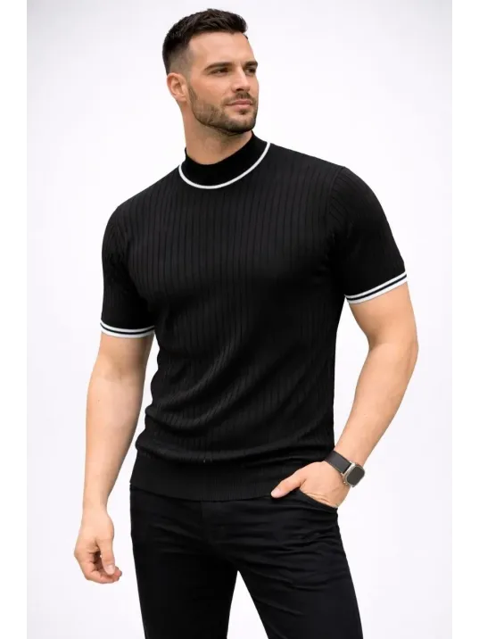 Erkek Fitilli Triko Dokuma Kısa Kol Tişört Yarım Boğaz Modern Yazlık T-shirt - Siyah