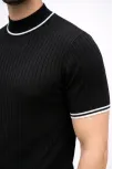 Erkek Fitilli Triko Dokuma Kısa Kol Tişört Yarım Boğaz Modern Yazlık T-shirt - Siyah