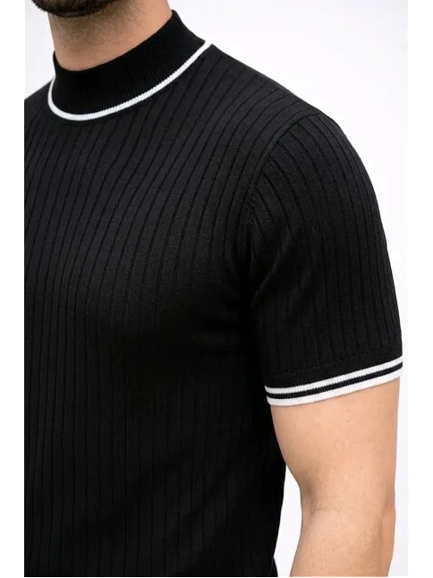Erkek Fitilli Triko Dokuma Kısa Kol Tişört Yarım Boğaz Modern Yazlık T-shirt - Siyah
