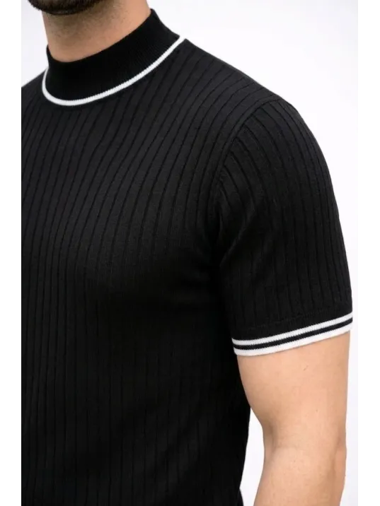 Erkek Fitilli Triko Dokuma Kısa Kol Tişört Yarım Boğaz Modern Yazlık T-shirt - Siyah