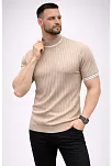 Erkek Fitilli Triko Dokuma Kısa Kol Tişört Yarım Boğaz Modern Yazlık T-shirt - Bej