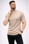 Erkek Fitilli Triko Dokuma Kısa Kol Tişört Yarım Boğaz Modern Yazlık T-shirt - Bej