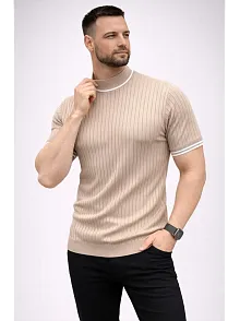 Erkek Fitilli Triko Dokuma Kısa Kol Tişört Yarım Boğaz Modern Yazlık T-shirt - Bej