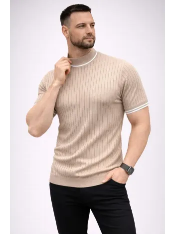 Erkek Fitilli Triko Dokuma Kısa Kol Tişört Yarım Boğaz Modern Yazlık T-shirt - Bej