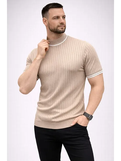Erkek Fitilli Triko Dokuma Kısa Kol Tişört Yarım Boğaz Modern Yazlık T-shirt - Bej