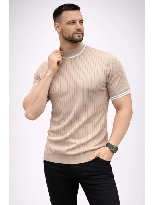 Erkek Fitilli Triko Dokuma Kısa Kol Tişört Yarım Boğaz Modern Yazlık T-shirt - Bej