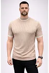 Erkek Fitilli Triko Dokuma Kısa Kol Tişört Yarım Boğaz Modern Yazlık T-shirt - Bej