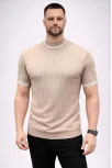 Erkek Fitilli Triko Dokuma Kısa Kol Tişört Yarım Boğaz Modern Yazlık T-shirt - Bej