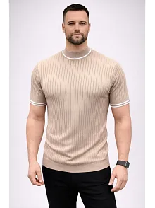 Erkek Fitilli Triko Dokuma Kısa Kol Tişört Yarım Boğaz Modern Yazlık T-shirt - Bej