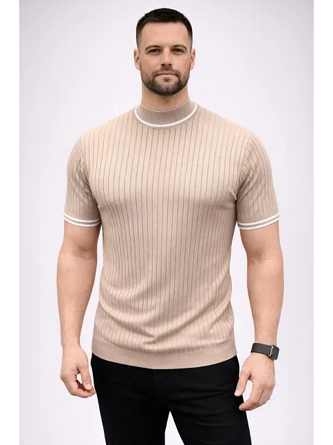 Erkek Fitilli Triko Dokuma Kısa Kol Tişört Yarım Boğaz Modern Yazlık T-shirt - Bej