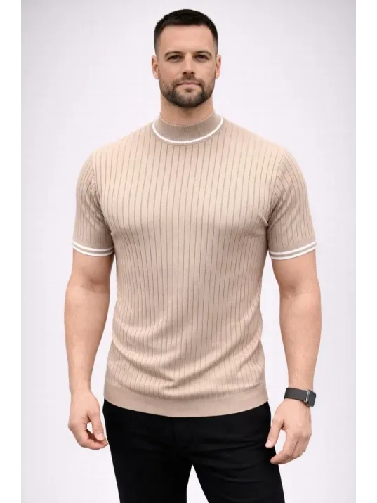 Erkek Fitilli Triko Dokuma Kısa Kol Tişört Yarım Boğaz Modern Yazlık T-shirt - Bej